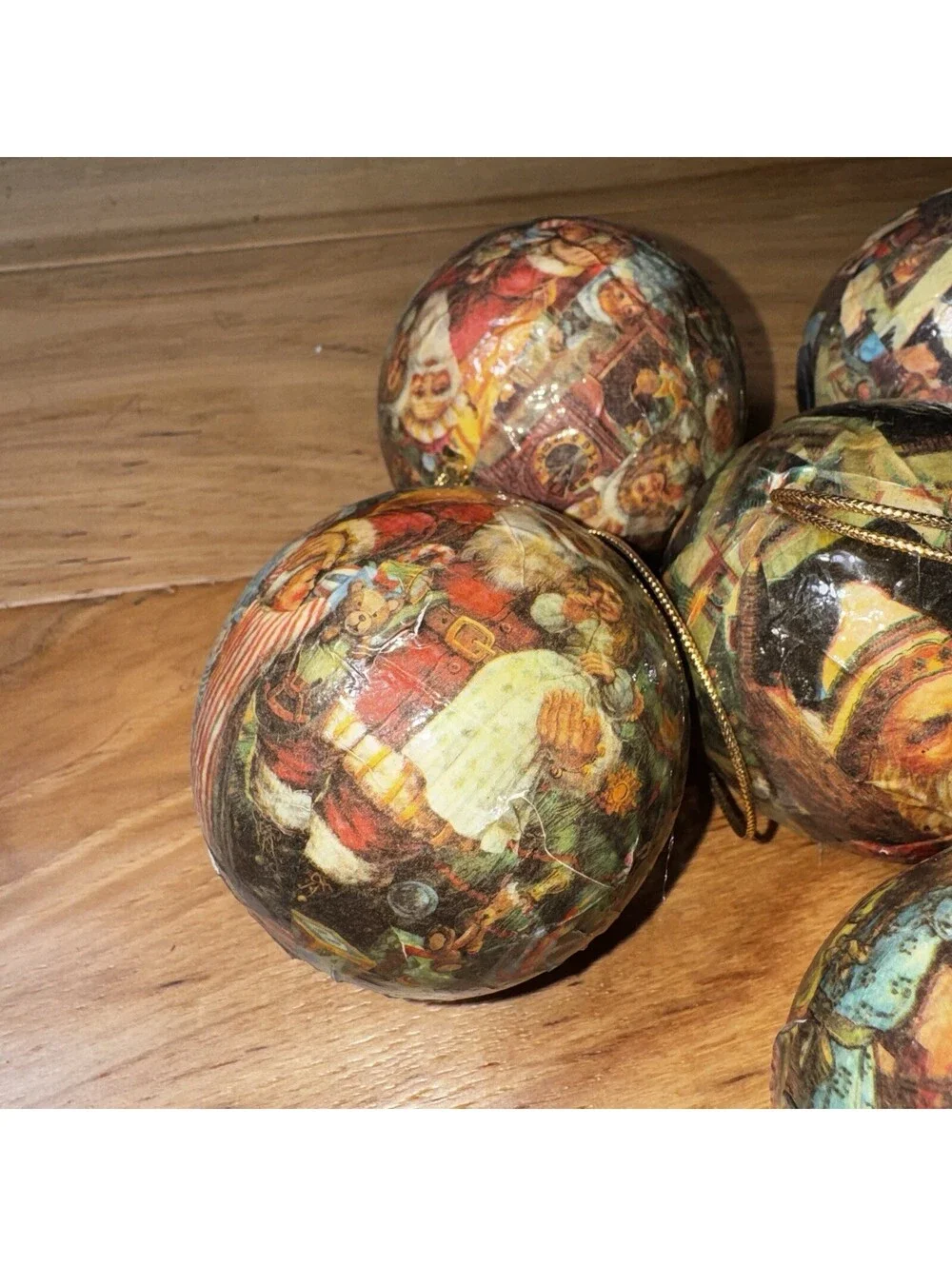 6 Vintage Decoupage Christmas Ornaments Lot Santa Victorian Style 2.5”Balls